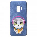 Galaxy S9+ (Plus) Design Cloth Stitch Hybrid Case (Blue Cat)